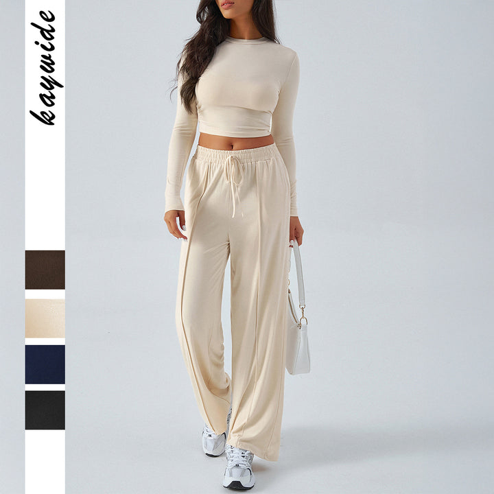 Ladies wide lounge pants with elastic drawstring waistband and flowing jersey quality Mune Fashion