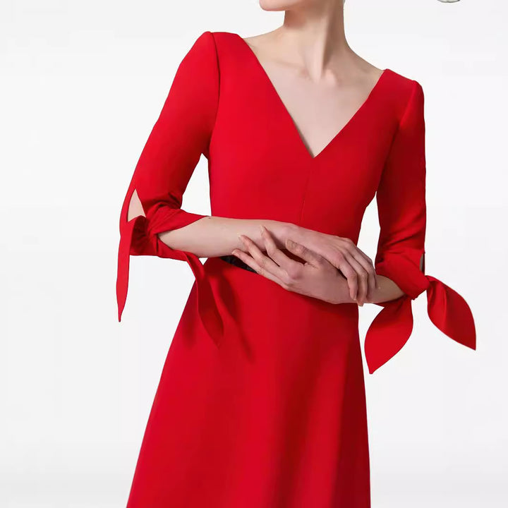 Women's Tailored Midi Dress with V-Neck and Bow Cuffs Mune Fashion