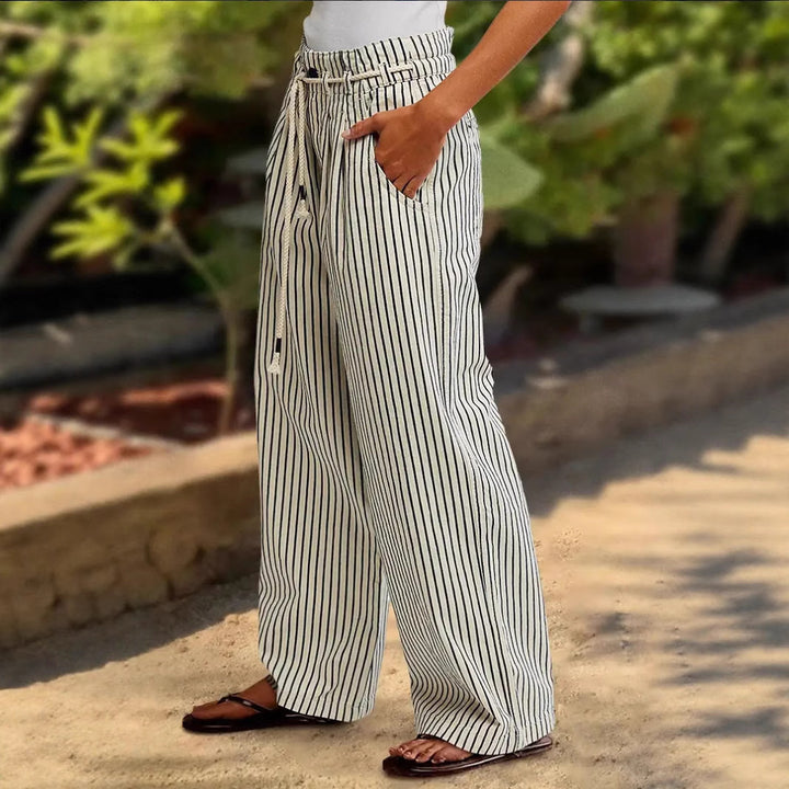 Women Light Linen Look Palazzo Pants with Elastic Waistband, Drawstring and Vertical Stripe Pattern Mune Fashion