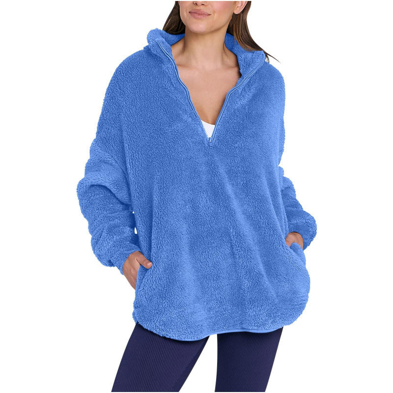 Women Fluffy Oversized Sherpa Pullover with Half Zip and Kangaroo Pockets Mune Fashion
