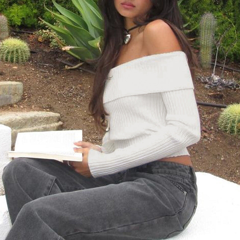 Women's Off-Shoulder Ribbed Cropped Top with Tailored Fit and Long Sleeves Mune Fashion
