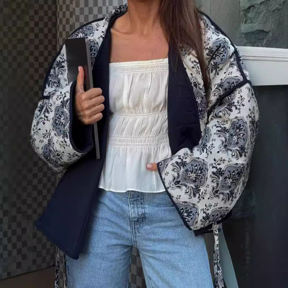 Women Quilted Kimono Jacket with Ornamental Jacquard Look and Contrasting Piping Mune Fashion
