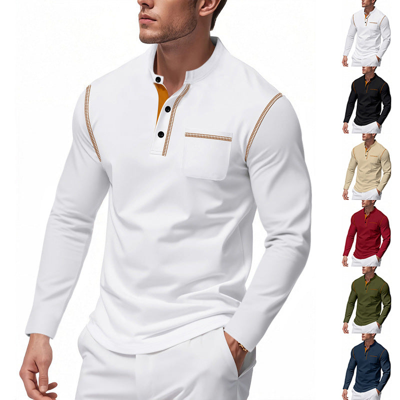 Men's Henley Long Sleeve Shirt with Stand-Up Collar, Chest Pocket and Contrasting Decorative Stitches Mune Fashion