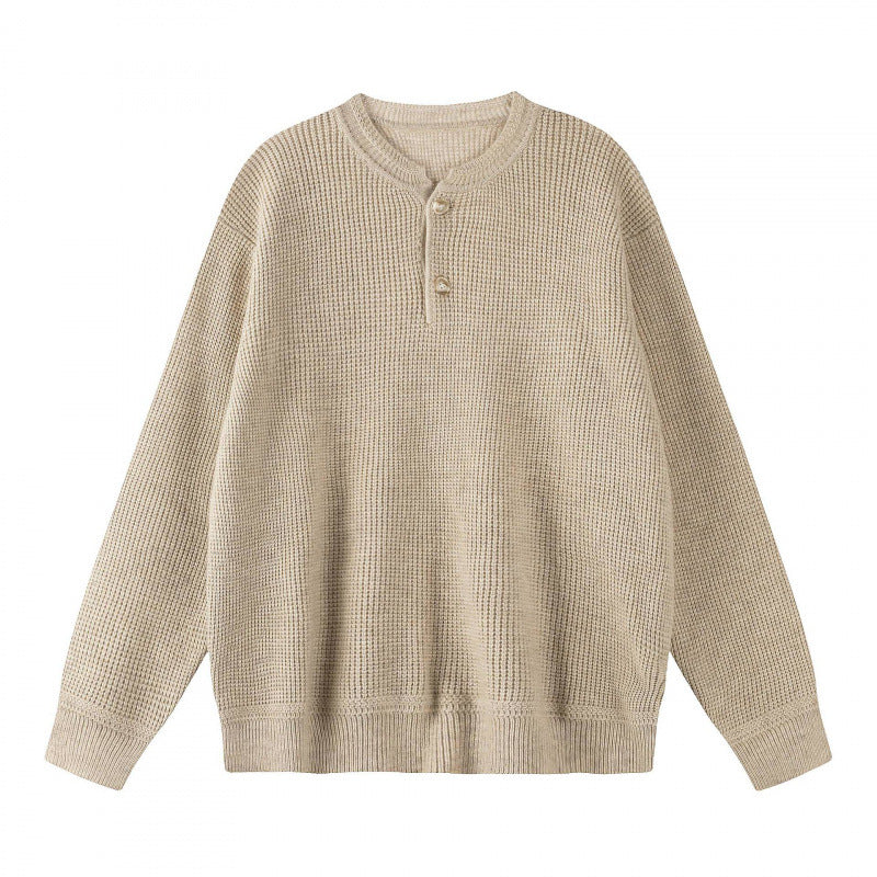 Unisex Boxy knit sweater with Henley neckline and textured waffle knit look Mune Fashion