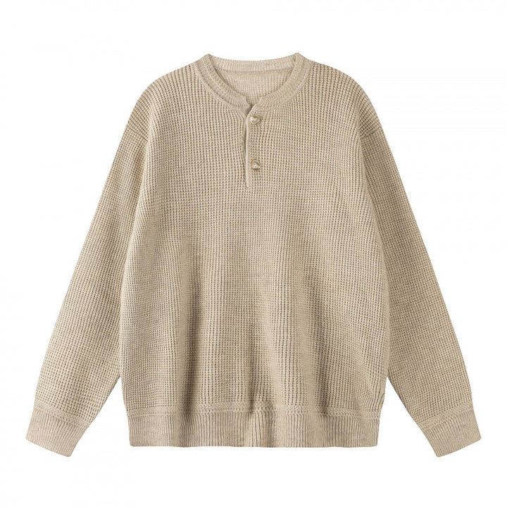 Unisex Boxy knit sweater with Henley neckline and textured waffle knit look Mune Fashion