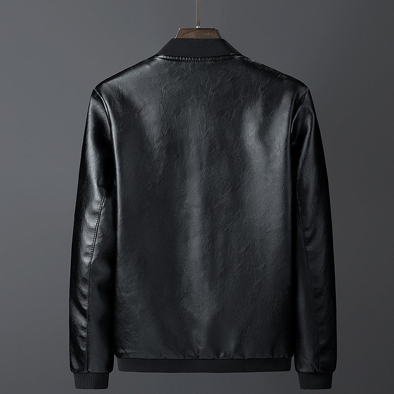 Men's smooth leather look bomber jacket with stand-up collar, zippered pockets, and elastic cuffs Mune Fashion