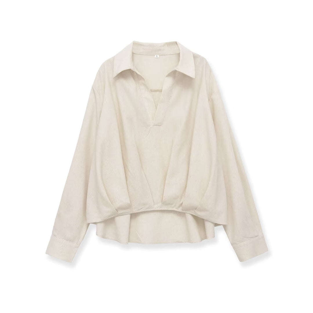 Women Oversized Blouse with Deep V-Neck and Tailored Draping Insert Mune Fashion