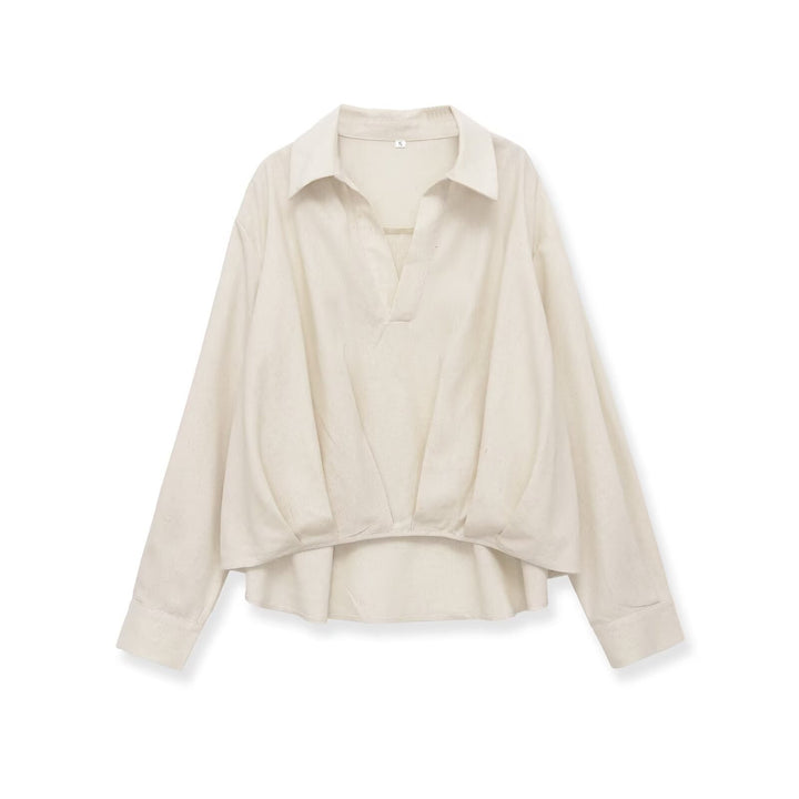 Women Oversized Blouse with Deep V-Neck and Tailored Draping Insert Mune Fashion