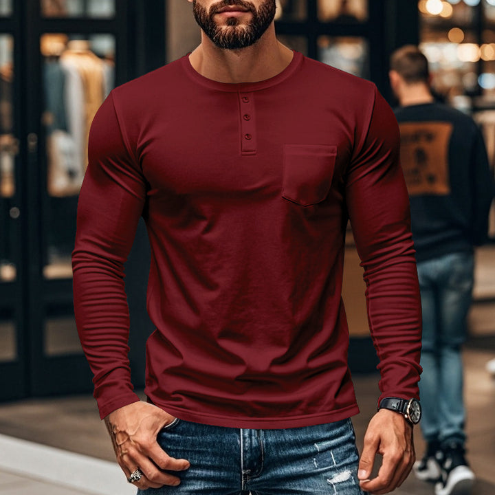 Men's fitted Henley long sleeve shirt with chest pocket and fine stretch jersey Mune Fashion