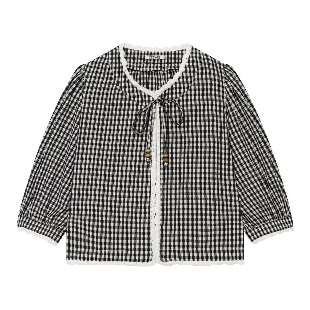 Women Checked Blouse Jacket with Crochet Edge, Tie Band and Three-Quarter Sleeves Mune Fashion