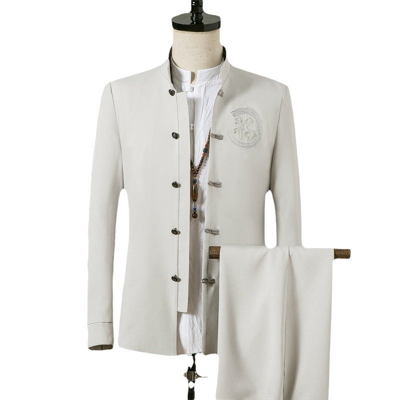 Men's Asian-inspired Mandarin jacket with stand-up collar, knot button placket, and tonal embroidered emblem Mune Fashion
