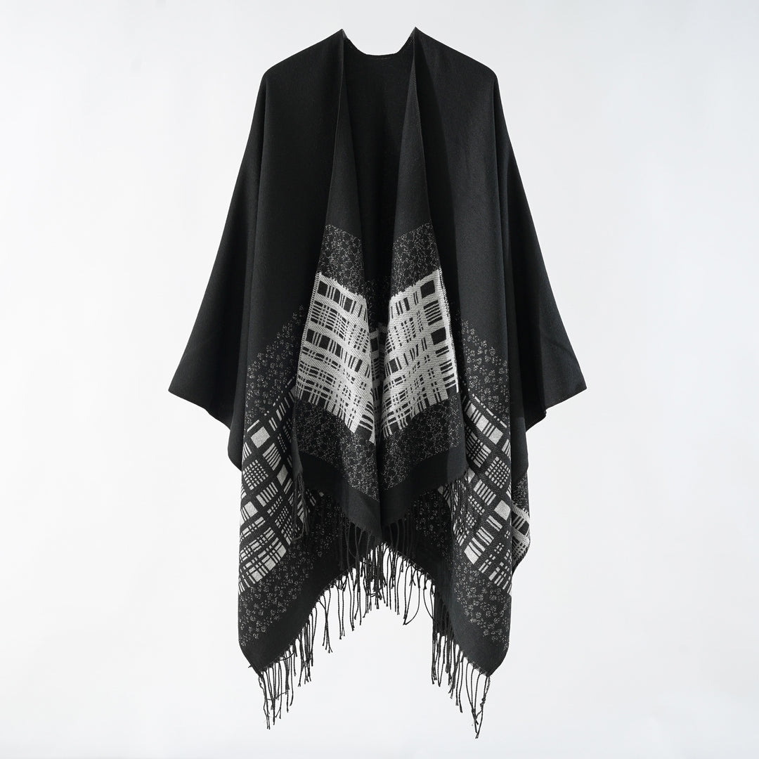Women's wool blend shoulder poncho with jacquard pattern and fringe hem Mune Fashion
