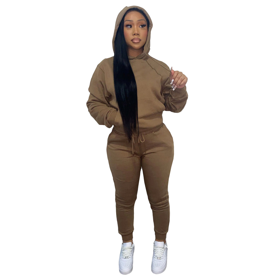 Women's Hooded Lounge Set with Kangaroo Pocket Tailored Jogging Pants and Cuffs Mune Fashion