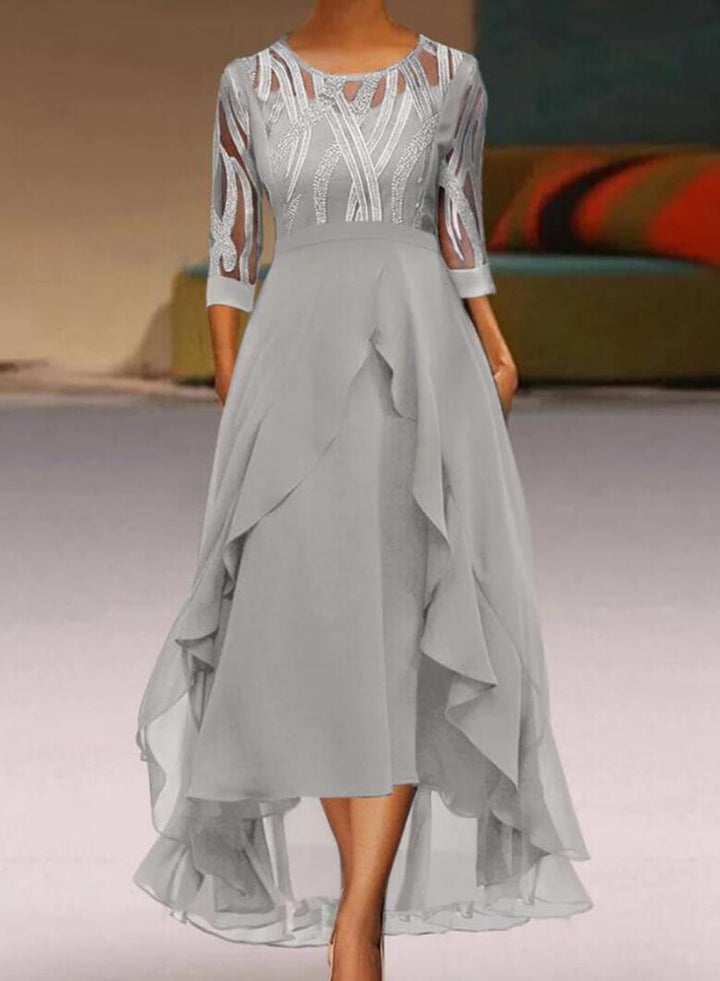Women's elegant chiffon evening dress with embroidered tulle bodice, three-quarter sleeves, and asymmetric tiered hem Mune Fashion