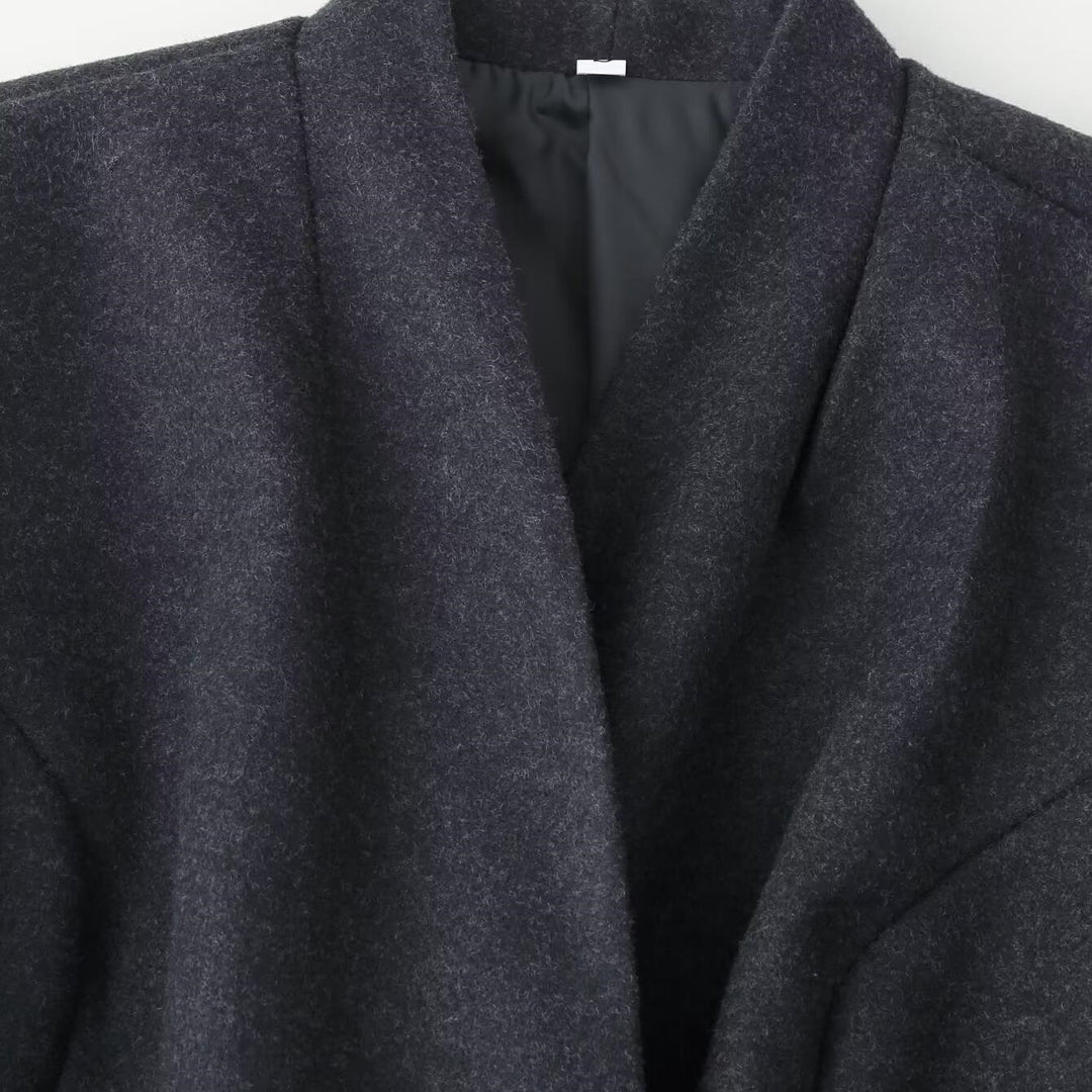 Ladies Elegant Wool Blend Long Coat with Shawl Collarless Look and Single Button Closure Mune Fashion