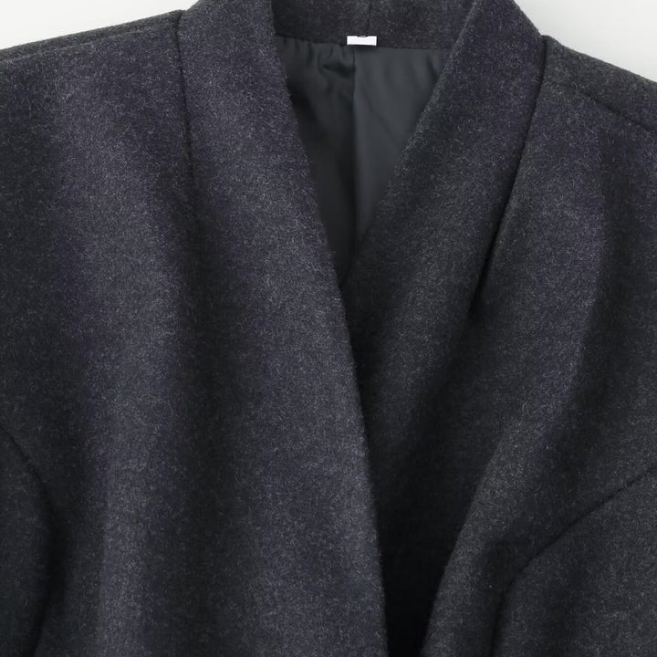 Ladies Elegant Wool Blend Long Coat with Shawl Collarless Look and Single Button Closure Mune Fashion