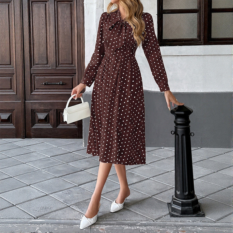Women Elegant Midi Dress with Bow and Dots Mune Fashion