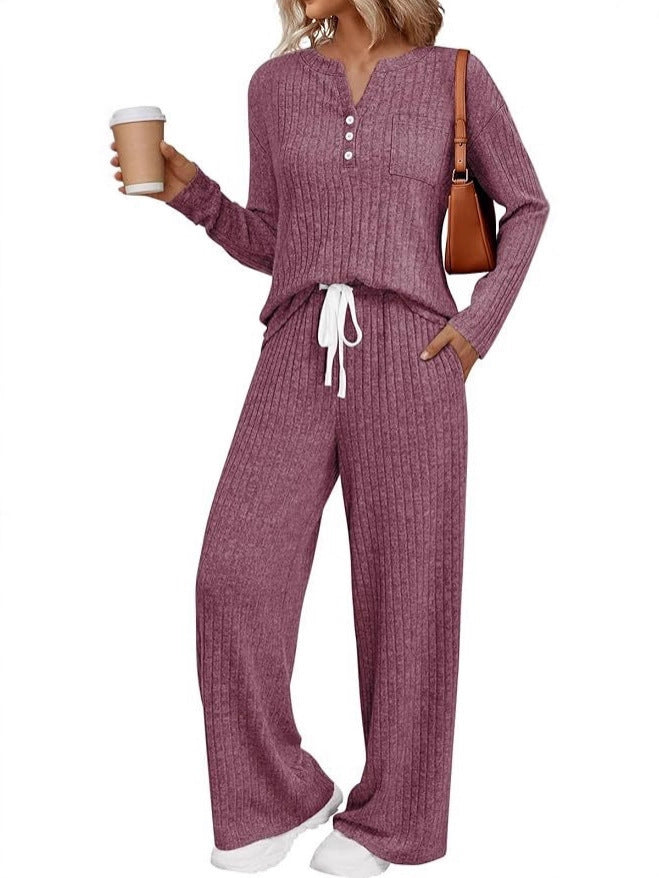 Women Ribbed Knit Lounge Set with Button Placket and Wide Drawstring Pants Mune Fashion