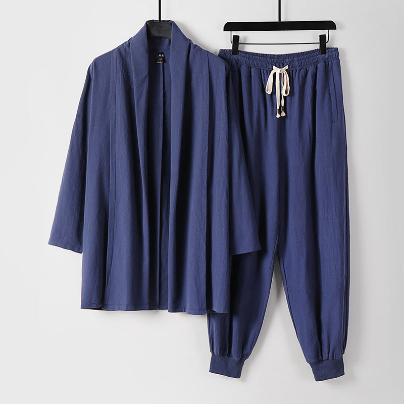 Unisex Airy Leisure Set in Kimono Style with Shawl Collar Jacket and Tapered Jogger Pants Mune Fashion