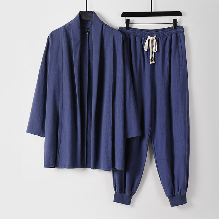 Unisex Airy Leisure Set in Kimono Style with Shawl Collar Jacket and Tapered Jogger Pants Mune Fashion