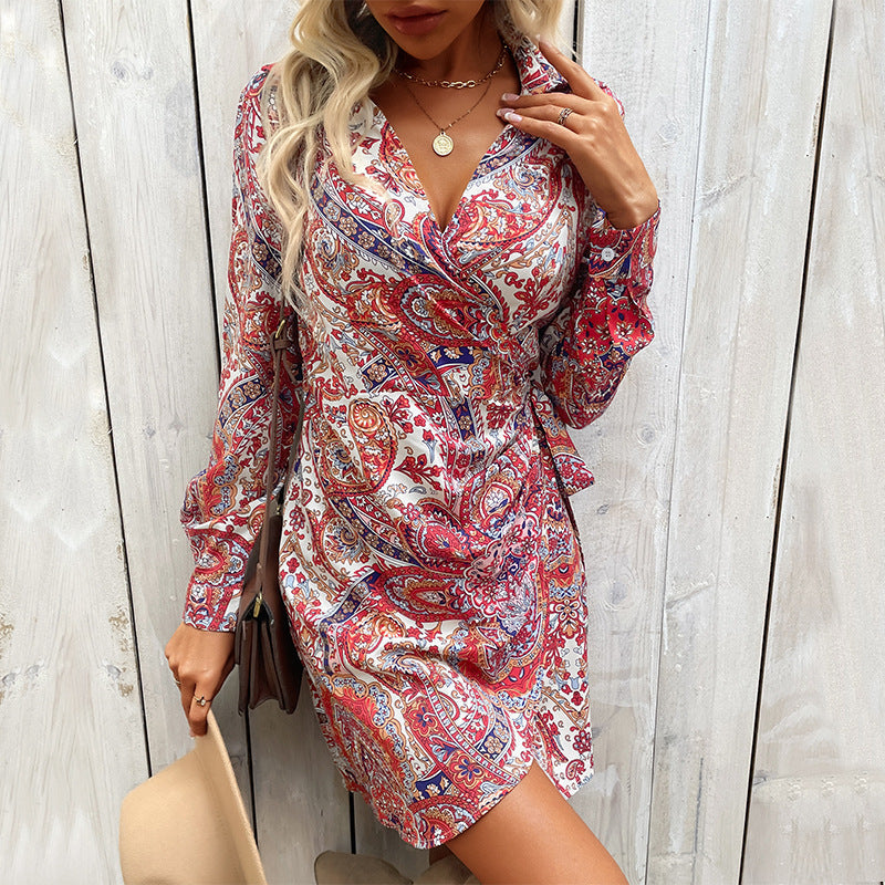 Women Figure-hugging Wrap Shirt Blouse Mini Dress with Paisley Print and Tie Belt Mune Fashion