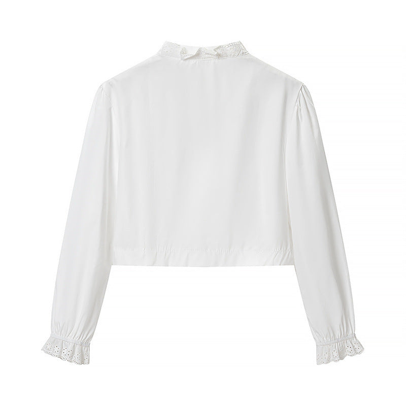 Women's Cropped Lace Bolero Blouse with Stand Collar and Eyelet Embroidery Mune Fashion