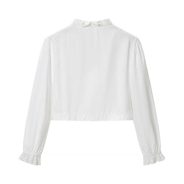 Women's Cropped Lace Bolero Blouse with Stand Collar and Eyelet Embroidery Mune Fashion