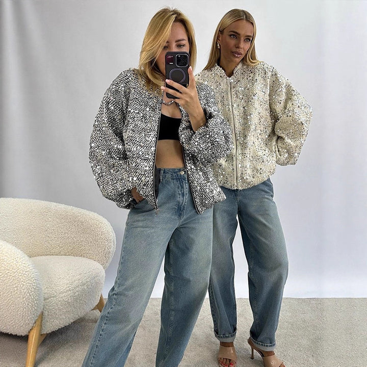 Women's sequin bomber jacket with zip, loose boxy silhouette and decorative glitter appliqués Mune Fashion