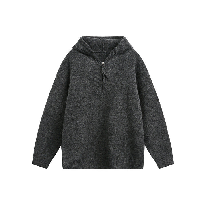 Women's Oversized Knit Sweater with Half Zipper and Hooded Collar Mune Fashion