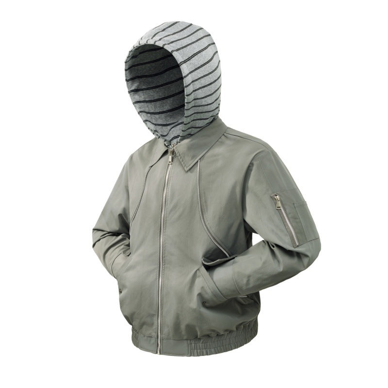 Men's lightweight bomber jacket with striped hooded inner jacket, elastic hem, and utility arm pocket Mune Fashion