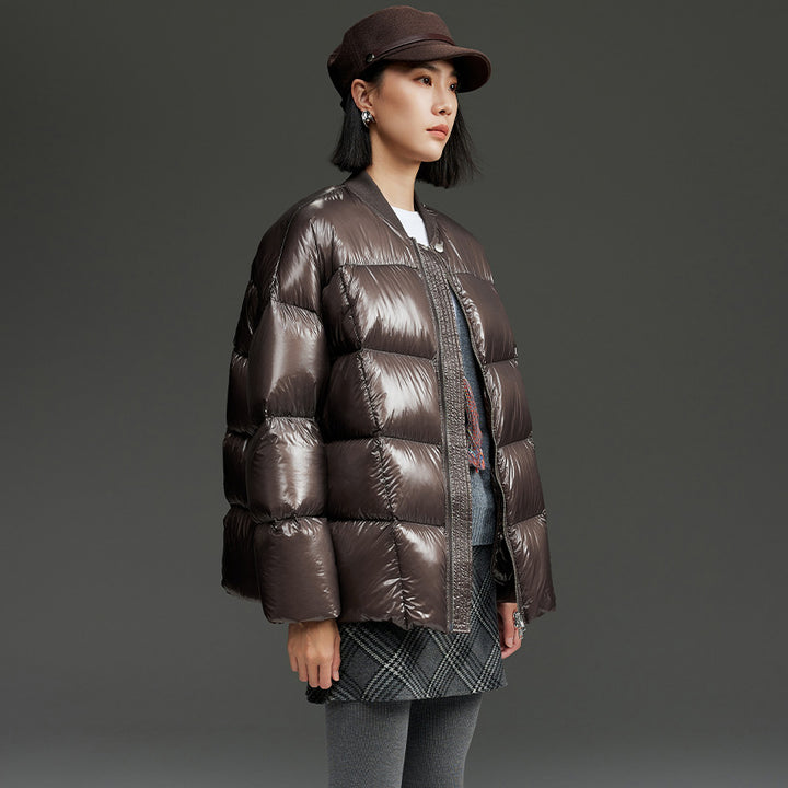 Women's Short Quilted Down Jacket with Shiny Shell and Boxy Silhouette Mune Fashion