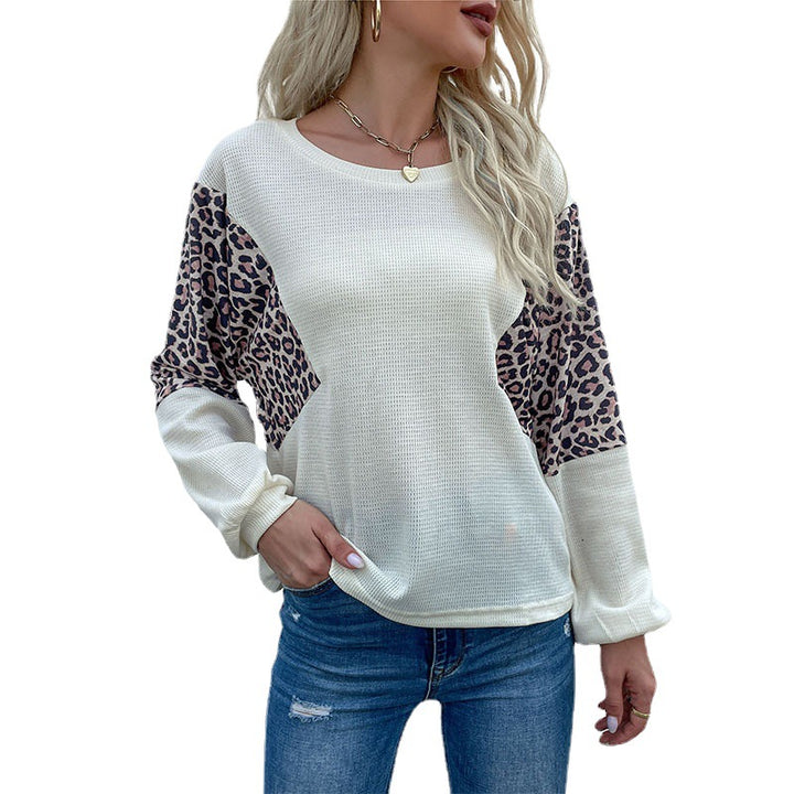 Women's Oversized Boat Neck Waffle Knit Sweater with Leopard Block Inserts Mune Fashion