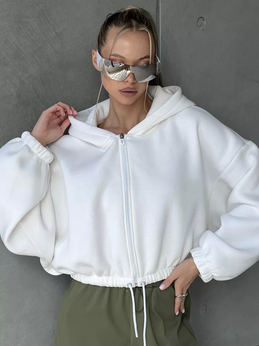 Women's short oversized hooded sweatshirt with half zip and drawstring waistband Mune Fashion