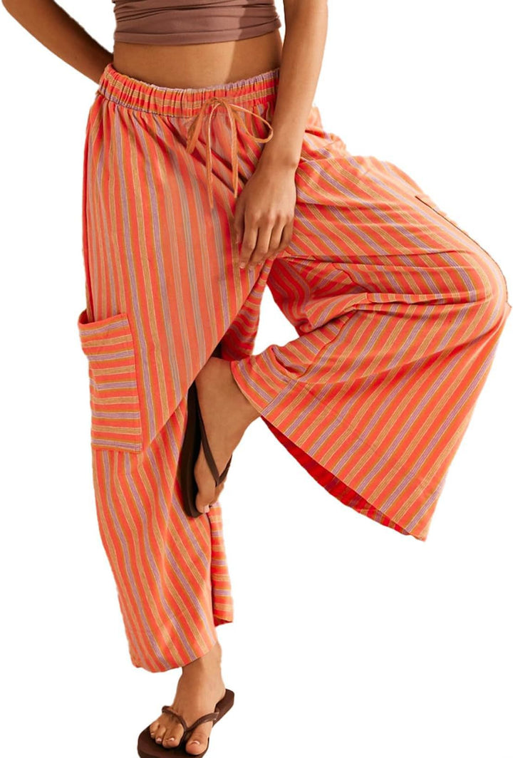 Women's Striped Wide-Leg Drawstring Waist Cropped Lounge Pants with Side Patch Pockets Mune Fashion
