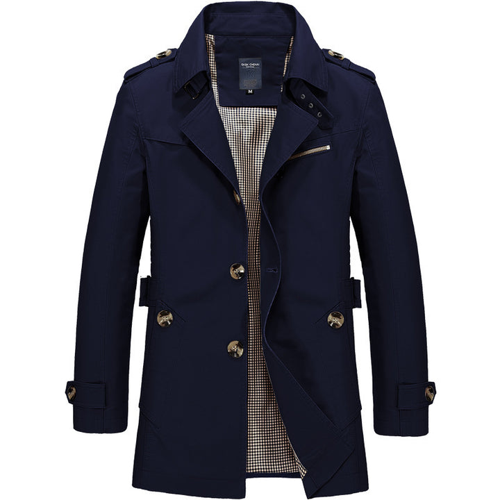 Men's modern double-breasted trench coat with epaulettes and checked lining Mune Fashion