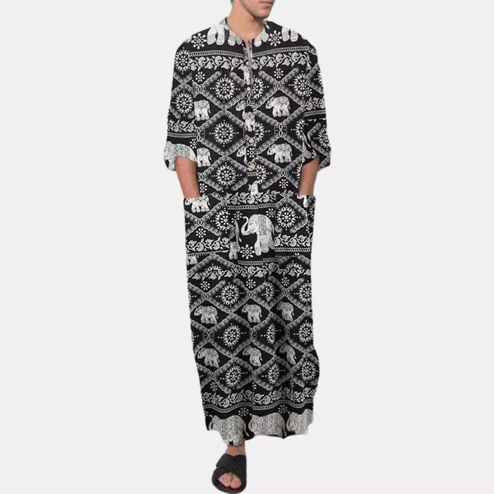 Ladies' Ethno-Maxi dress with stand-up collar, short button placket, dropped sleeves, and A-line cut Mune Fashion