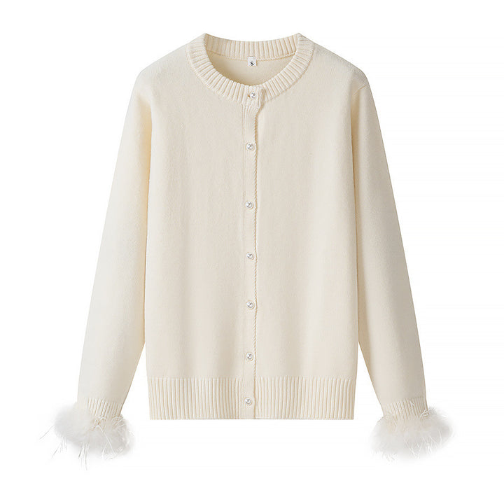 Women's knitted cardigan with pearl-button placket and feather trim Mune Fashion