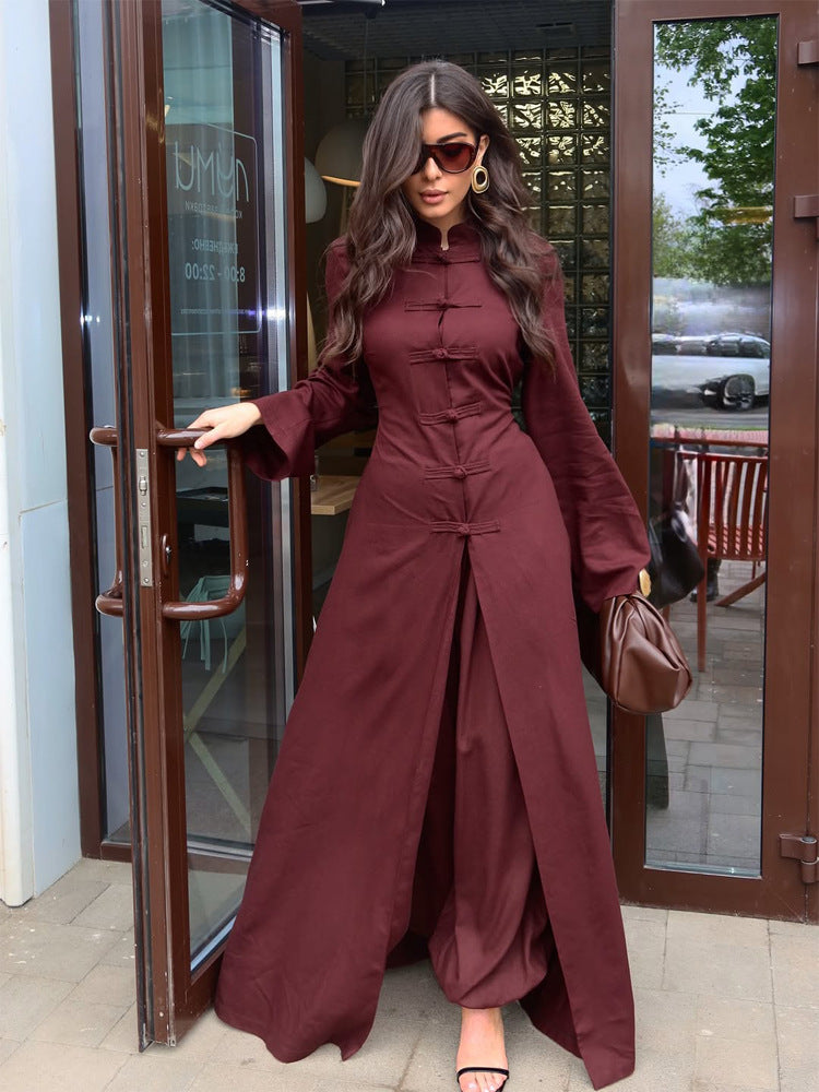Ladies maxi dress with stand collar, mandarin button placket and draped skirt Mune Fashion