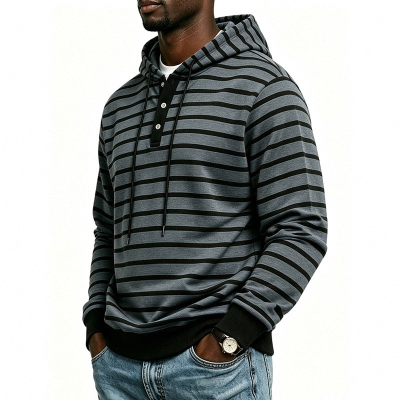 Men's hoodie with Henley button placket and fine stripe texture pattern Mune Fashion