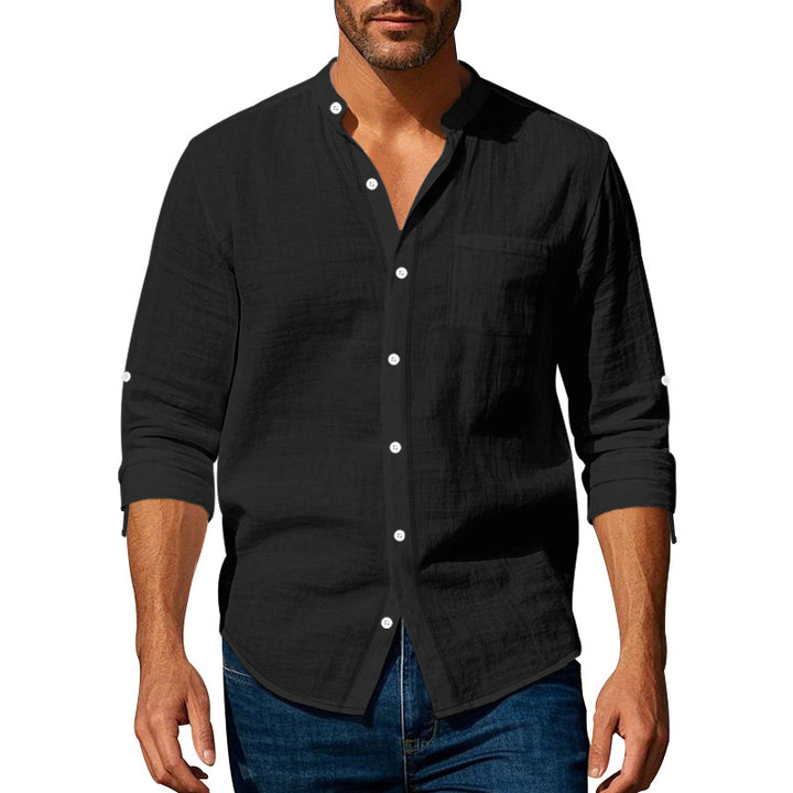 Men's linen-cotton shirt with stand-up collar, roll-up sleeves, and chest pocket Mune Fashion