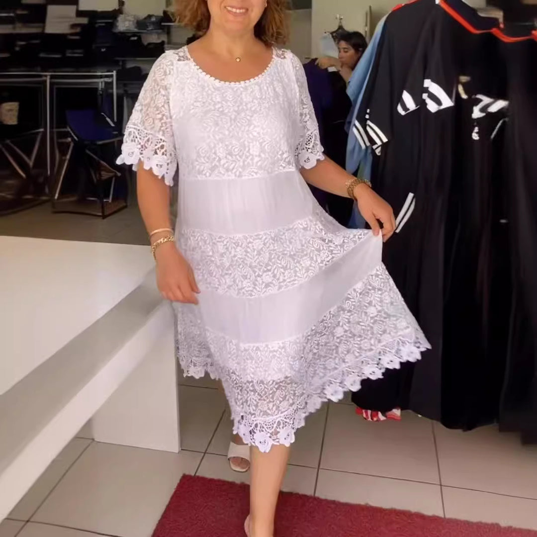 Women's midi dress with lace tiers, pleated inserts and short trumpet sleeves Mune Fashion