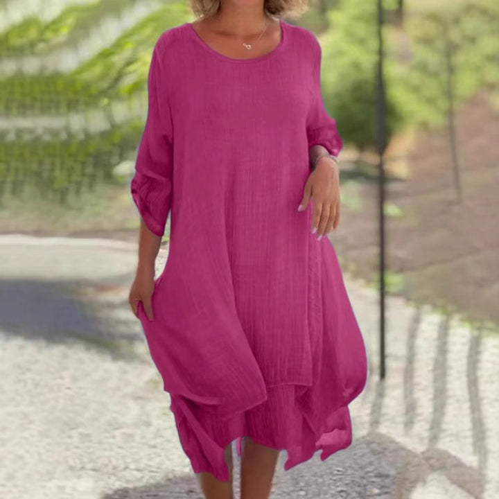 Women’s loose muslin layer midi dress with A-line and roll-up sleeves Mune Fashion
