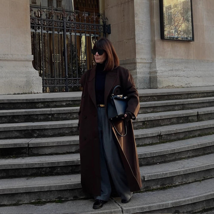 Ladies Oversize Wool Blend Coat with Extended Cocoon Cut and Double Breasted Mune Fashion