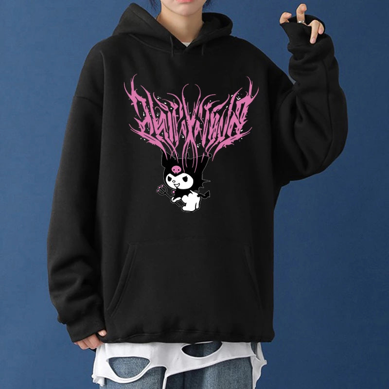 Women's loose hoodie sweatshirt made of brushed fleece with kangaroo pocket and kawaii character print Mune Fashion