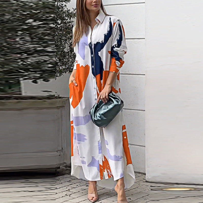 Women's Long Shirt Dress with Abstract Brush Print and Side Pockets Mune Fashion