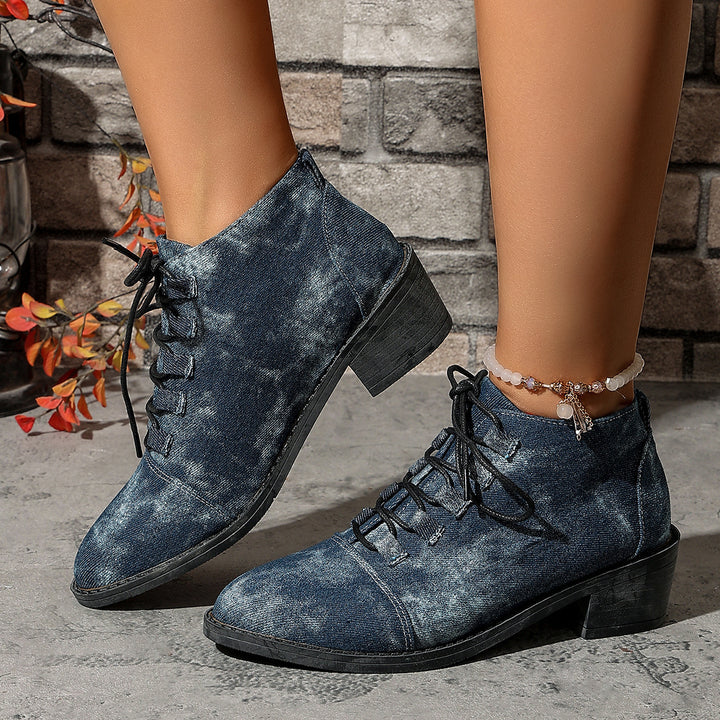 Women's jeans look lace-up ankle boots with low block heel Mune Fashion