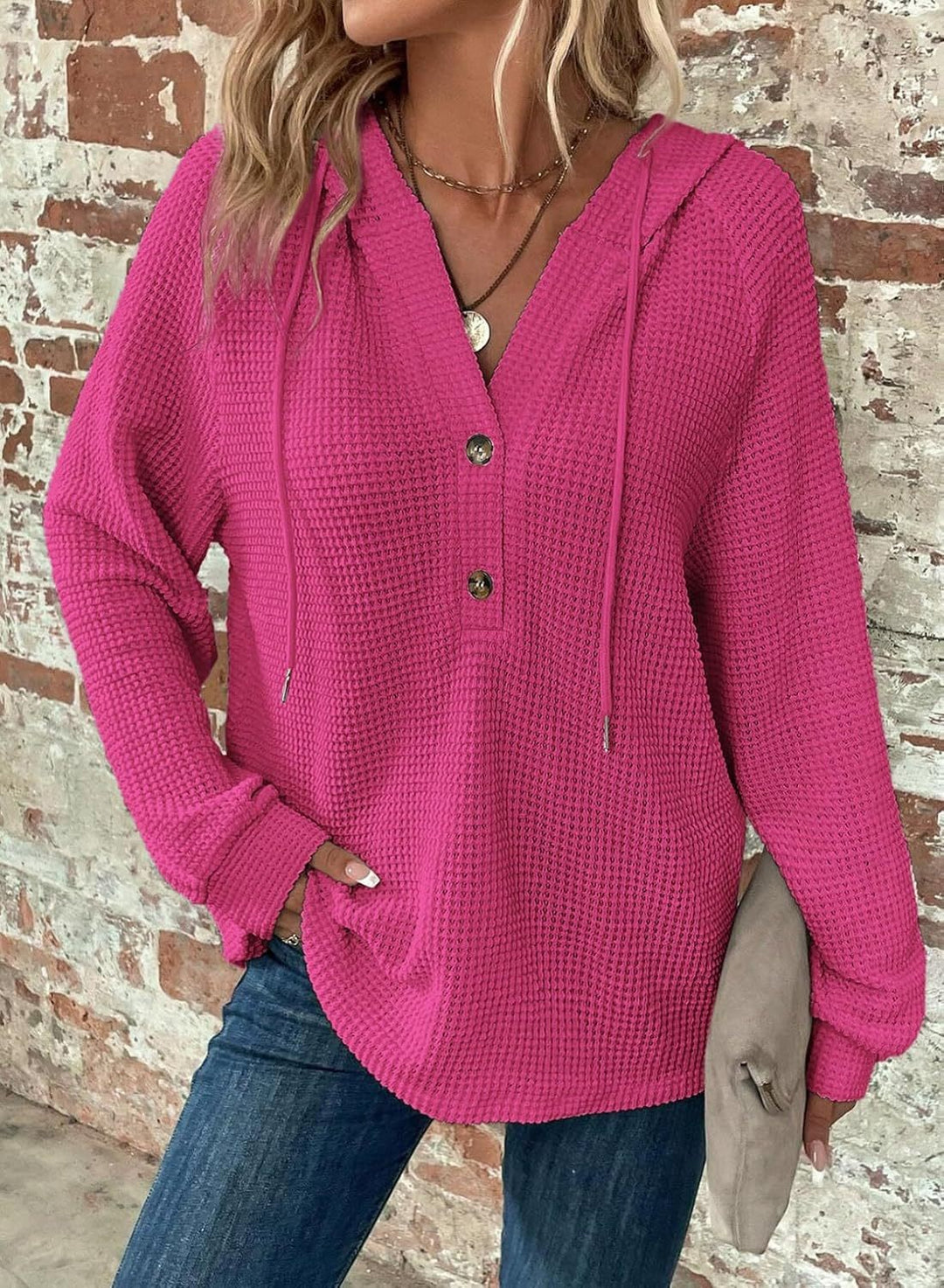 Women Waffle Knit Hoodie with Henley Button Placket and Oversized Cut Mune Fashion