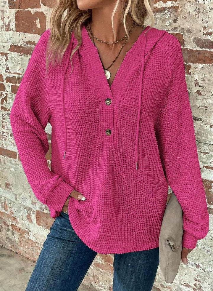 Women Waffle Knit Hoodie with Henley Button Placket and Oversized Cut Mune Fashion