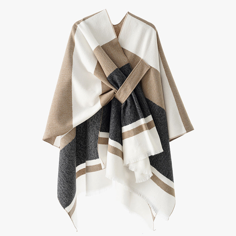 Women's oversized cape poncho made of wool blend with tie loop and striped border Mune Fashion