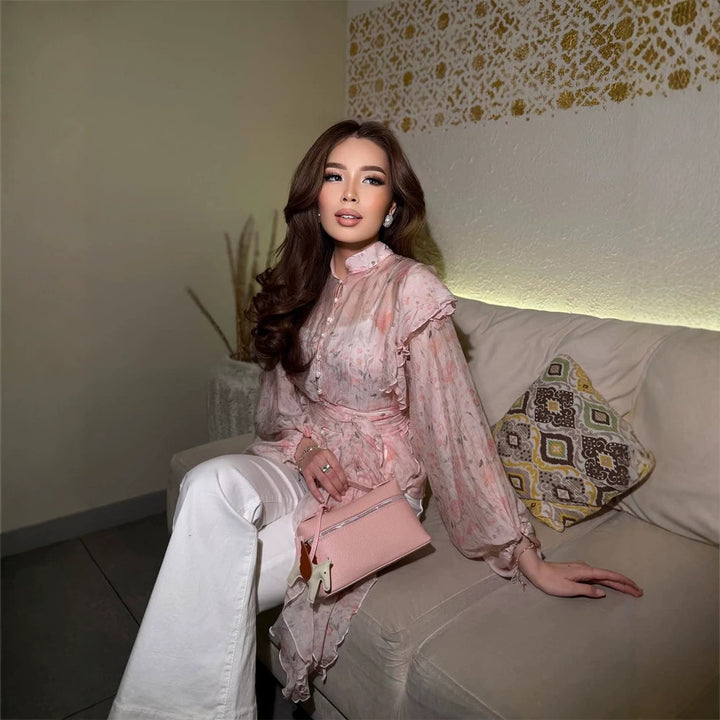 Women’s chiffon blouse with polka dots, stand collar, voluminous balloon sleeves, and peplum Mune Fashion